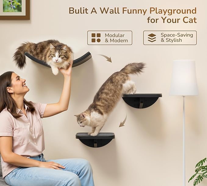 Gray Cat Wall Shelf with Grey Sisal Mat, Curved Cat Bed for Scratching and Resting, Wall Mounted Hammock for Large Cats