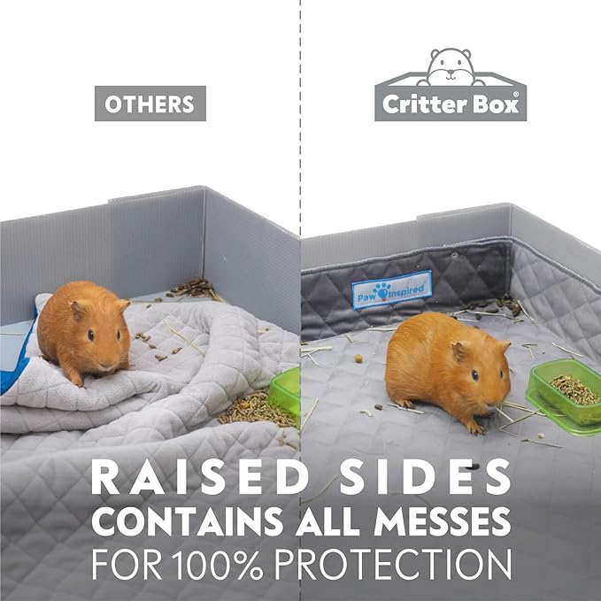 Paw Inspired Critter Box Washable Cage Liner with Raised Sides, Fleece Bedding with Waterproof Bottom, Edge Protected Pee Pads for Guinea Pigs, Rabbits, Hamsters, Small Animals (Midwest Size)