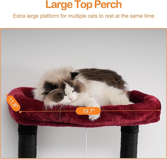 Heybly Cat Tree, 68 inch Multi-Level Cat Tower for Indoor Cats, 2 Widened Plush Perches Cat Condo with Scratching Board and Big Caves, Black and Red HCT025BR