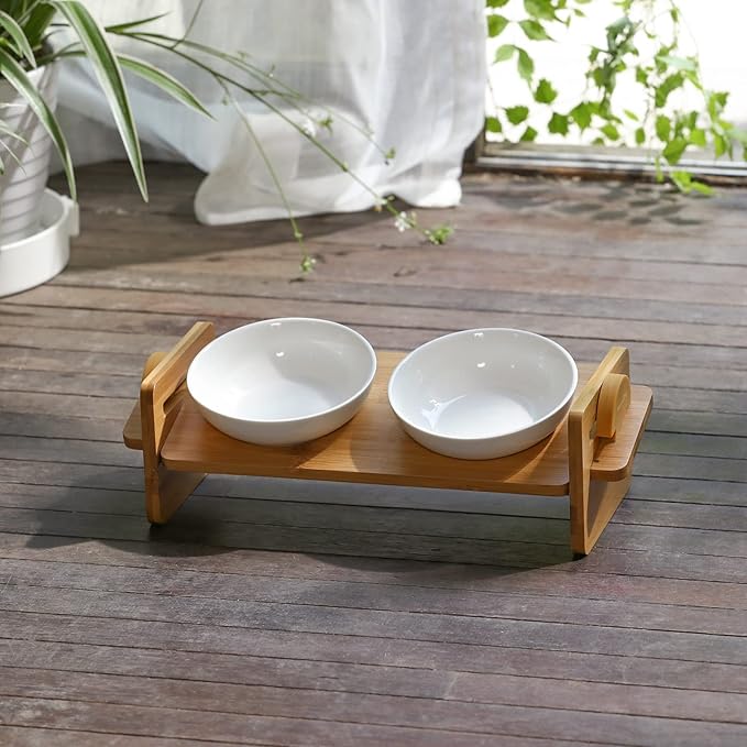 FUKUMARU Elevated Cat Ceramic Bowls, Small Dog 15° Tilted Raised Food Feeding Dishes, Solid Bamboo Water Stand Feeder Set for Cats and Puppy