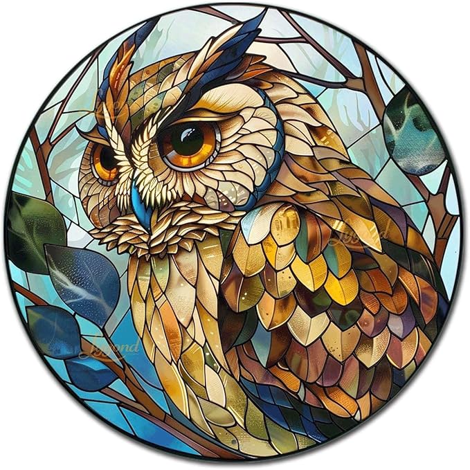 Lygond Metal Sign Tin Sign Circular Stained Glass Owl Bathroom Signs for Home for Garden 12×12 Inches