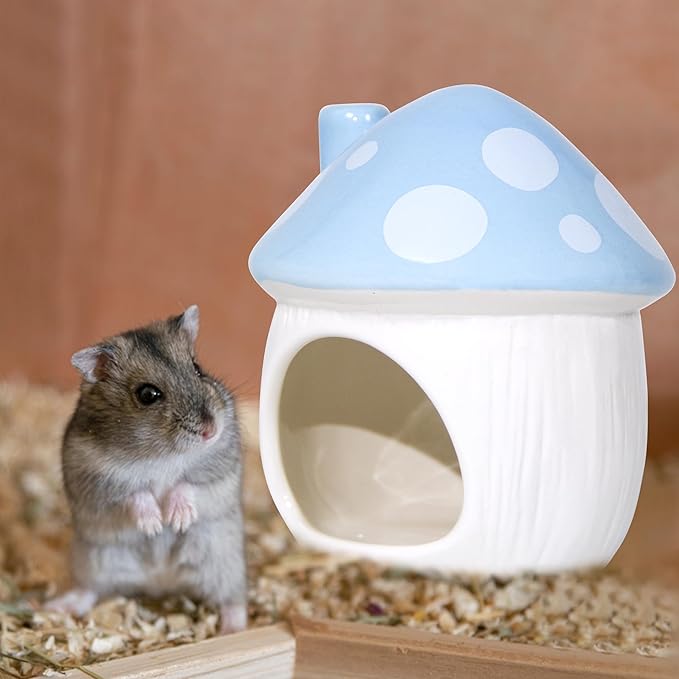 Ceramic Mushroom Hamster Hideout - Hamster Habitat for Hamsters Chinchillas Hedgehogs and Gerbils Mouse Small Pet Guinea Pigs House Hamster Bed (Blue)
