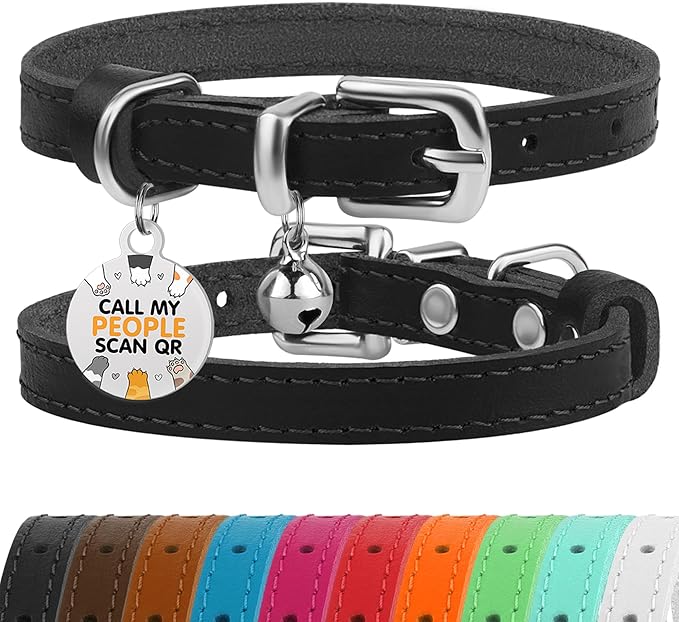 BRONZEDOG Leather Cat Collar with Removable Bells Non Breakaway Kitten QR Tag for Girl Boy (7" - 9" for Cats, Black & Silver)