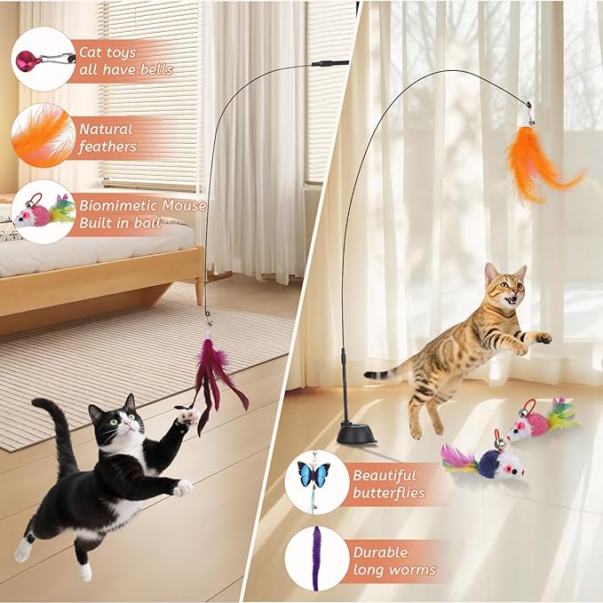 Suction Cup Cat Toys,Interactive Cat Wand with 15Pcs (Feather, Mouse, Butterfly, Worm),Durable Cats Fishing Pole Toy for Indoor Kittens,Fun Stick Toy for Exercise&Play