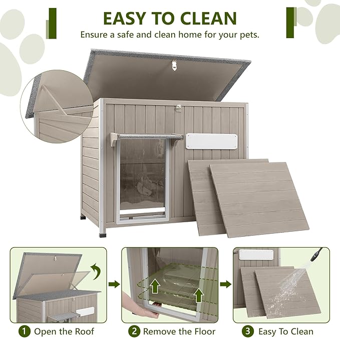 Large Dog House Outdoor XL Wooden Dog House with Weatherproof Asphalt Roof, Chew-Resistant Frame, Removable Floor, for Medium to Large Dogs Indoor Outdoor Use (Grey, 43.3"L x 29.5"W x 33.5"H)