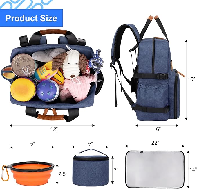 Modoker Dog Travel Bag - Airline Approved Backpack for Pet Accessories Organizer, Tote Weekend Bag with 2 Dog Food Containers, 2 Collapsible Bowls, 1 Pet Mat, Blue