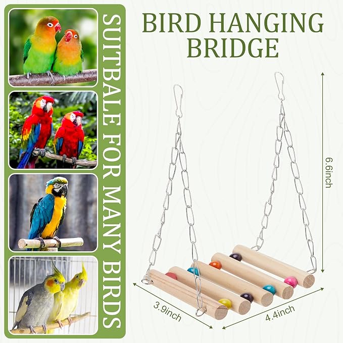 Bird Perches for Cage 6pcs Natural Bird Stand Branch for Cage with Hanging Bridge, Parrot Swing Toys Chewing Climbing Standing Branches Wood Pole Paw Grinding Fork Parakeet Platform