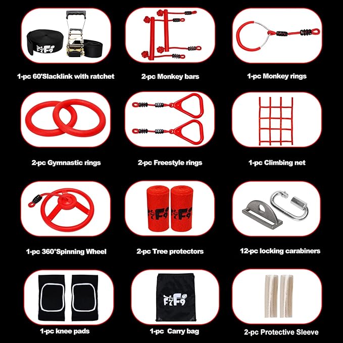 Ninja Warrior Obstacle Course for Kids Backyard with A Pair of Knee Pads, 60’ Ninja Slackline and Slackline Protective Tube with Unique Obstacles Climbing Net, Ninja Wheel, Monkey Bars, Gym Rings
