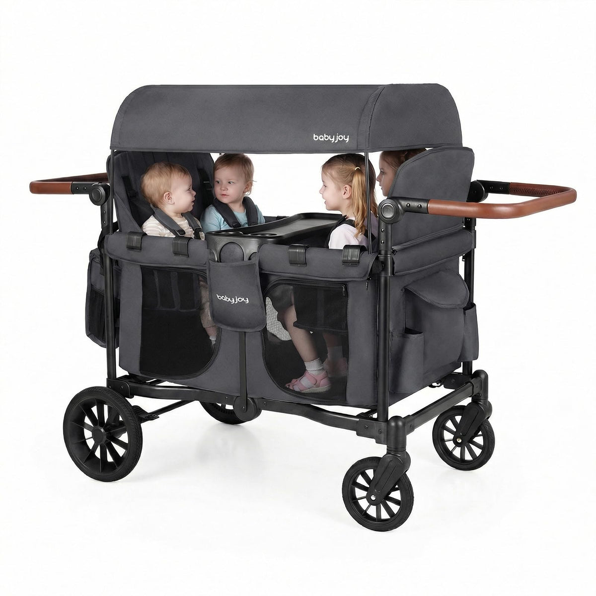 BABY JOY Wagon Stroller for 4 Kids, Foldable Stroller Wagon with Removable Canopy, Adjustable Handle, Snack Tray, Parent Organizer, 5-Point Safety Harness, Convertible Diaper Bag/Changing Pad (Black)