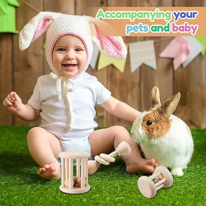 3 Pcs Wooden Bunny Toys - Safe Rabbit & Guinea Pigs Teeth Grinding Toys for Chinchillas, Hamsters & Small Animals - Indoor & Outdoor