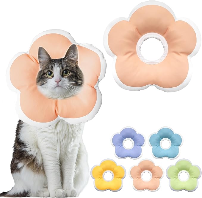 Cat Cone Collar Soft, Waterproof Cats Cones to Stop Licking After Surgery, Adjustable Soft Elizabeth Cats Collars for Wound Healing, Flower Shape Cat Recovery Collar (Pastel Orange, Large)