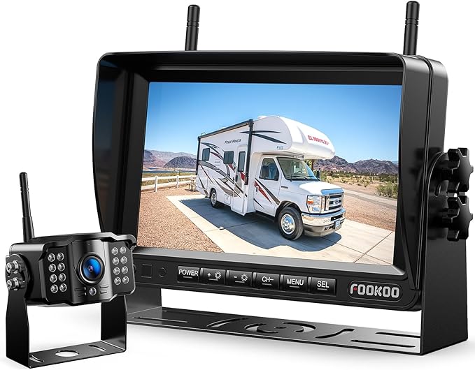 Fookoo HD 1080P 7-inch Wireless Backup Camera for Furrion RV, 7" Split Screen Monitor Plug-Play Easy Setup Rear View Camera DIY Guide Lines Waterproof for Truck RV Trailer Camper Motorhome - DW70101