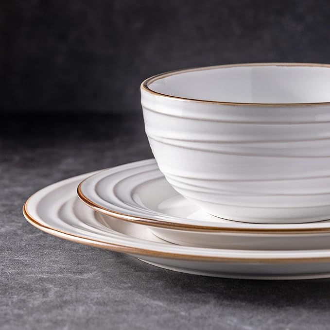 GBHOME Ceramic Dinnerware Sets, 24 pcs Embossed Elegant Stoneware Plates and Bowls Sets, Housewarming Wedding Gift | Dishwasher & Microwave Safe | Dishes Set Service for 8