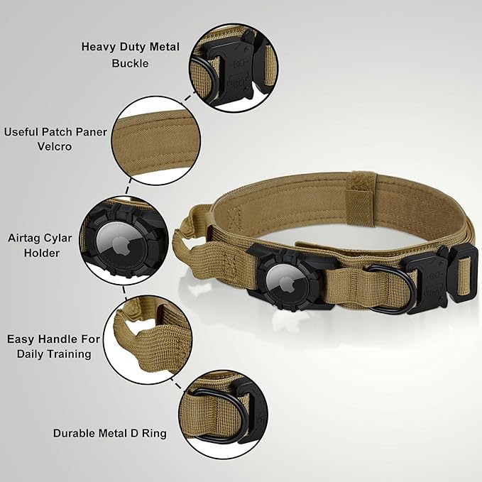 Tactical AirTag Dog Collar - Heavy Duty, Adjustable GPS Collar Compatible with Apple AirTag, with Holder & Control Handle for Medium/Large Dogs [ Brown, L ]