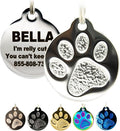 Engraved Pet Tag for Dogs and Cats - Personalized Front & Back up to 4 Lines of Text Custom Engraved ID, Round Paw Print Solid Plating Stainless Steel Silver Regular