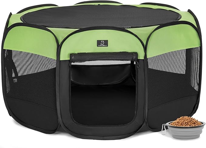 A4Pet Puppy Playpen Indoor, 39.5” Portable Pet Playpen with Bowl, Suitable for Puppies, Kittens, and Small Animals, Removable Zipper & Mesh Panel(16”W × 10”H)