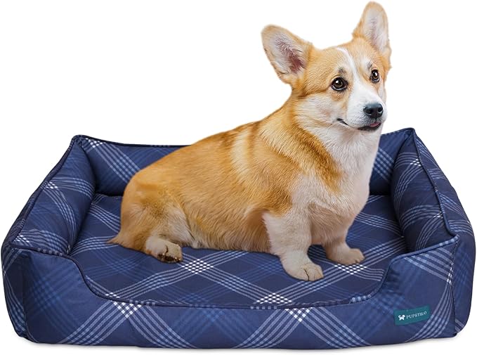 Orthopedic Bolster Dog Bed – CertiPUR-US Foam, Recycled Polyester Canvas, Washable Cover, Anti-Slip Bottom, Medium, Navy Plaid – Stylish Designer Dog Sofa