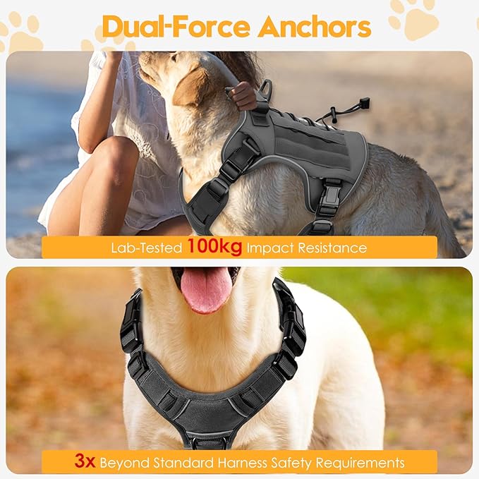 Heavy-Duty Tactical Dog Harness for Large Dogs, No Pull Adjustable Reflective Pet Vest with Molle System, K9 Military-Grade Control for Service Training, Outdoor & 10+ Breeds, Gray, X-Large