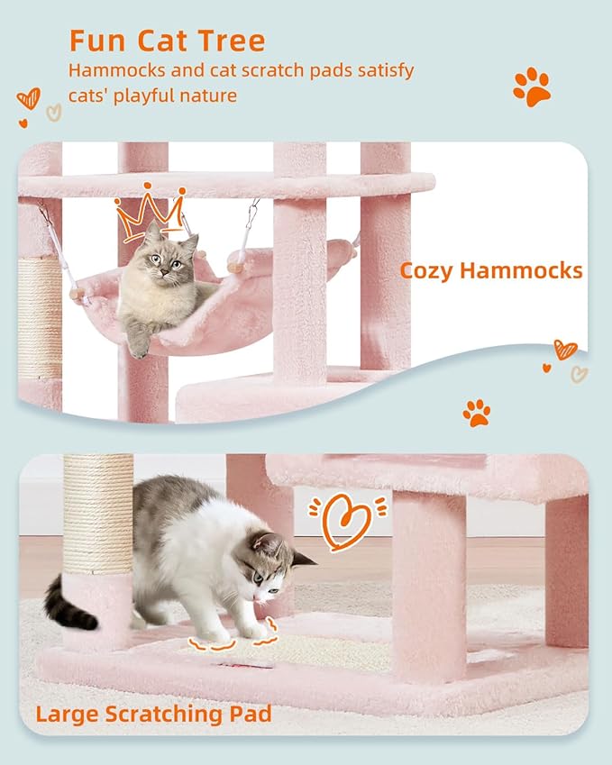 Taoqimiao Cat Tree, 68-Inch Cat Tree Cat Tower for Indoor Cats, Plush Multi-Level Cat Condo with 6 Scratching Posts, 2 Perches, 2 Caves,Hammock, 3 Pompoms,MS020SP Jelly Pink