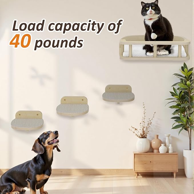 MeowHomm Cat Wall Shelves, Wood Cat Shelf with 3 Steps, Non-Slip Wall-Mounted Furniture for Kittens