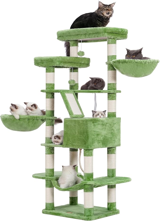 Heybly Cat Tree, 68 inch Multi-Level Cat Tower for Indoor Cats, 2 Widened Plush Perches Cat Condo with Scratching Board and Big Caves, Green HCT025GR
