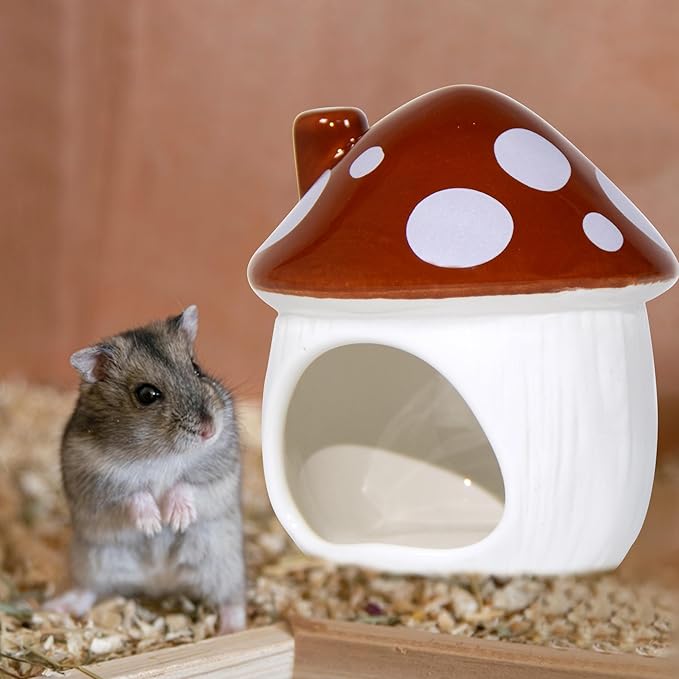 Ceramic Mushroom Hamster Hideout - Hamster Habitat for Hamsters Chinchillas Hedgehogs and Gerbils Mouse Small Pet Guinea Pigs House Hamster Bed (Brown)
