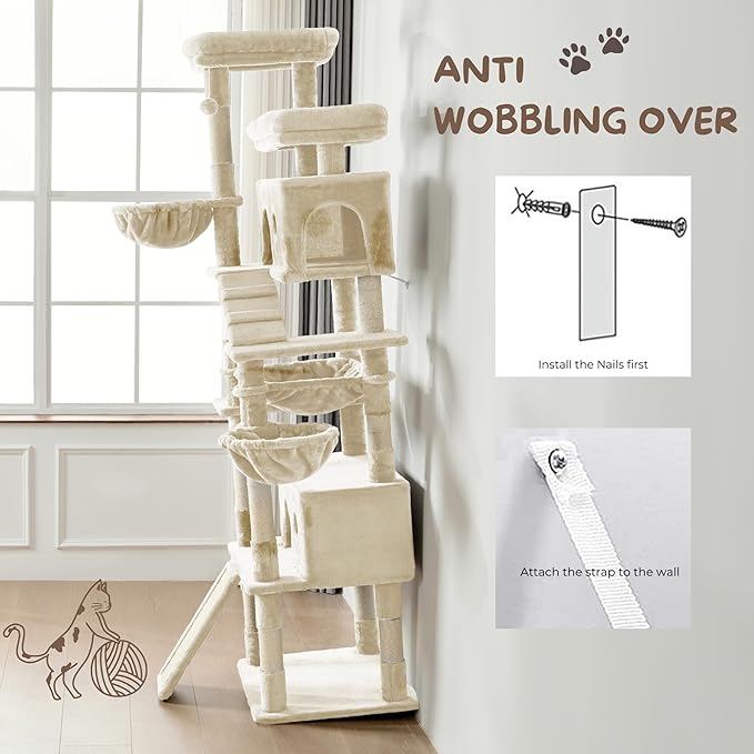 Cat Tree, 80-Inch Large Cat Tower with 9 Scratching Posts, 2 Perches, 2 Caves, 2 Basket, 2 Stairs, Extra Large Hammock, Pompoms, Multi-Level Plush Cat Condo for Indoor Cats/Beige