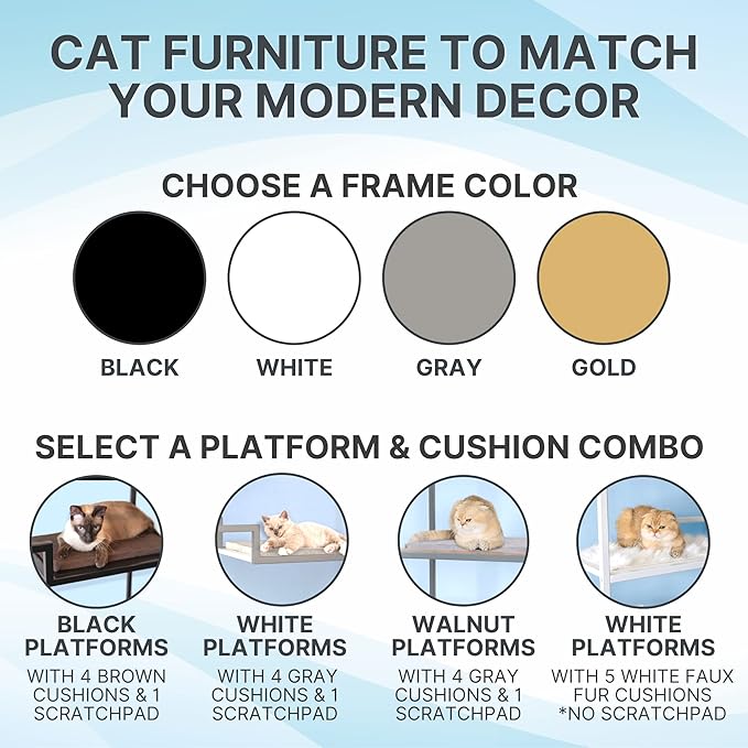 THE REFINED FELINE 62 Inch Tall Metropolitan Cat Condo, Gold Metal Frame Cat Tower, Multi-Level Modern Cat Tree for Indoor Cats, Brown Platforms with Gray Replaceable Cushions & Scratching Post