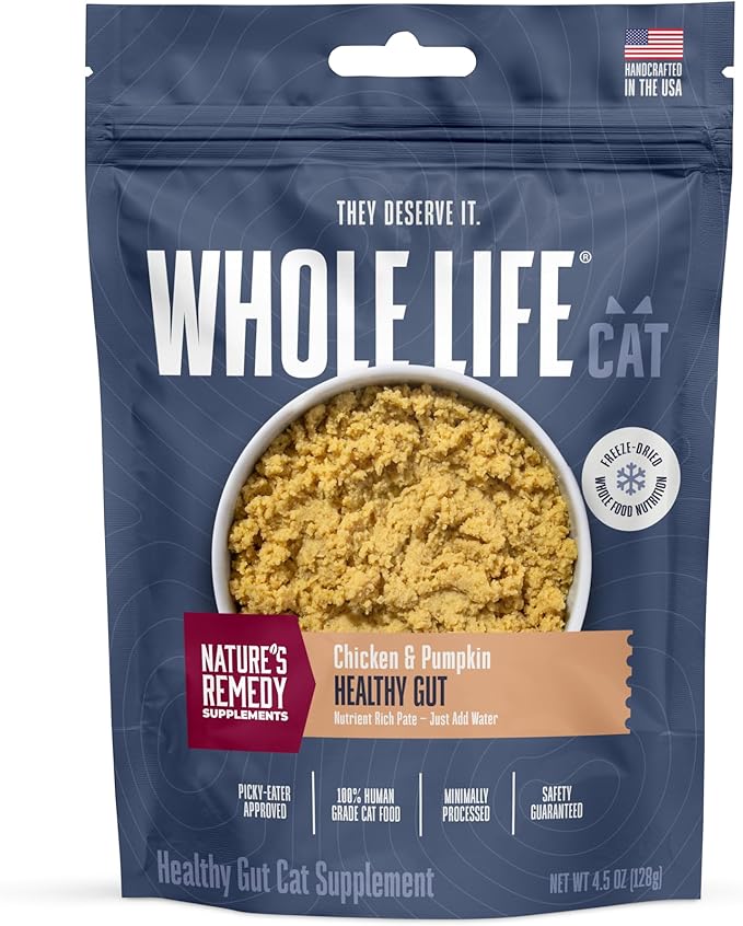 Whole Life Pet Healthy Gut Daily Cat Supplements, Cat Probiotics for Constipation Relief, Anti Diarrhea, Vomit Remedy & Digestive Support, Pumpkin Puree for Cats, Cat Health Supplies - 30-Day Supply