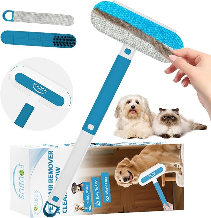 Multifunctional Pet Hair Remover Tool, 4 in 1-Reusable Washable Long Handle Dog&Cat Fur Hair Remover for Furniture,Carpet,Couch,Clothes,Bedding,Car,Window,Better Than Lint Rollers, with 2 Scrapers