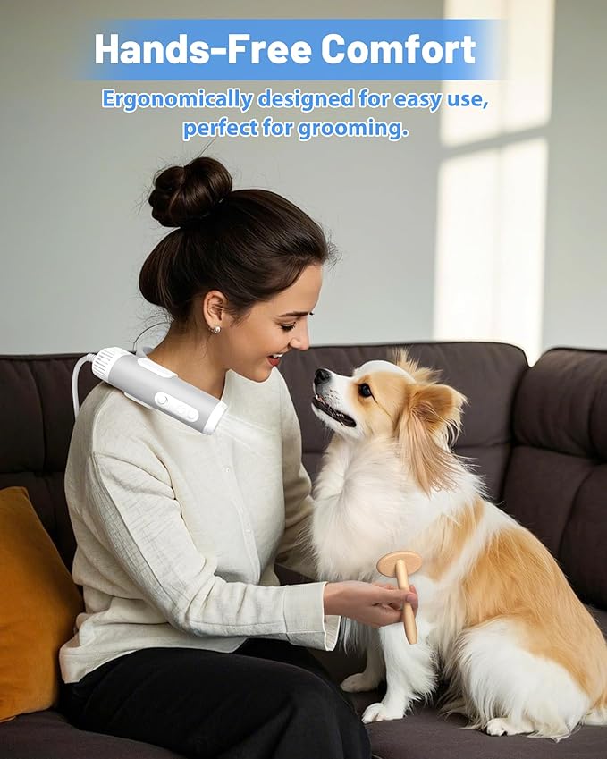 Hands-Free Dog Hair Dryer – Low Noise Pet Grooming Blower for Small & Medium Dogs Cats, Fast Drying, Adjustable Heat & Speed, Portable (Gray)