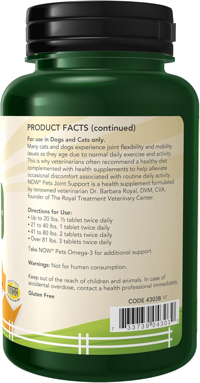 NOW Pet Health, Joint Support Supplement, Formulated for Cats & Dogs, NASC Certified, 90 Chewable Tablets