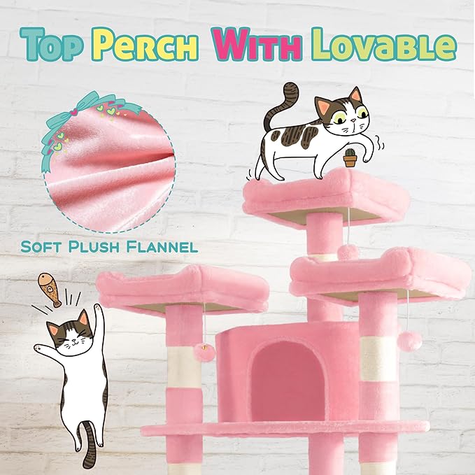 SHA CERLIN 73in Fan-Shaped Corner Cat Tower for Save Space/Multi-Level Tall Cat Tree for Indoor Kitties/Condo with Baskets/Cozy Perches/Sisal Scratching Posts/Pet Activity House/Pink