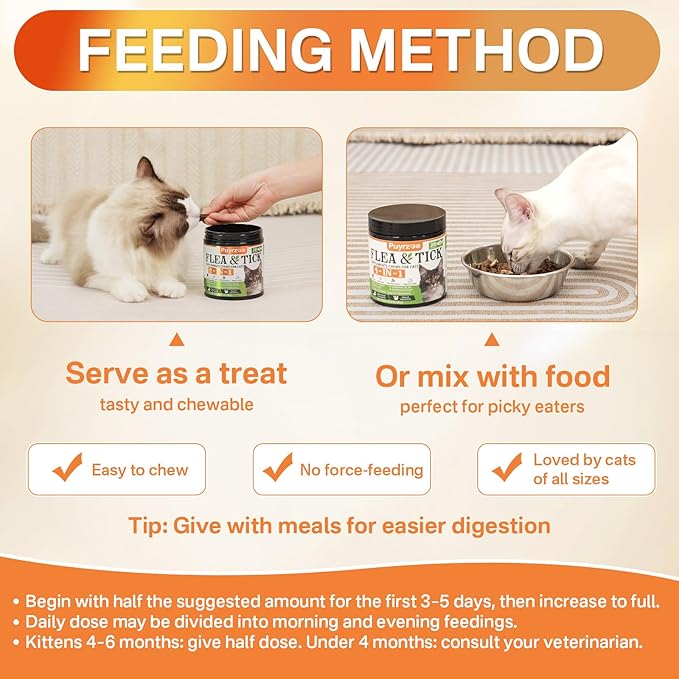 4-in-1 Flea Treatment for Cats Chewable, Natural Cat Flea and Tick Prevention Chewable Supplement for Skin & Coat | Immunity Support | Digestive | Flea & Tick Treatment for All Breeds & Sizes