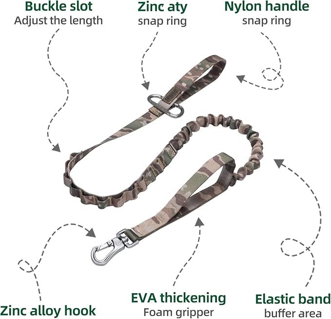EXCELLENT ELITE SPANKER Bungee Dog Leash Tactical Nylon Adjustable Tactical No Pull Leads Rope for Dogs Quick Release Military Rope with 2 Control Handle (MCP)