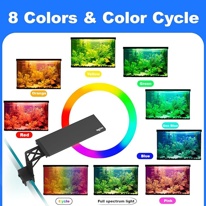 Clip On Aquarium Light for Plants-24/7 Cycle Fish Tank Light with Timer, Full Spectrum+7 Colors Mode, Auto On/Off, Adjustable Brightness and Height, 20W (12inch for 12-20 inch Tank)