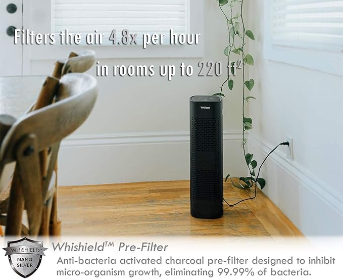 Whirlpool, WPT80B Whispure True HEPA Air Purifier, Activated Carbon Advanced Anti-Bacteria, Ideal for Allergies, Odors, Pet Dander, Mold, Smoke, Wildfire, and Germs, Large, Black