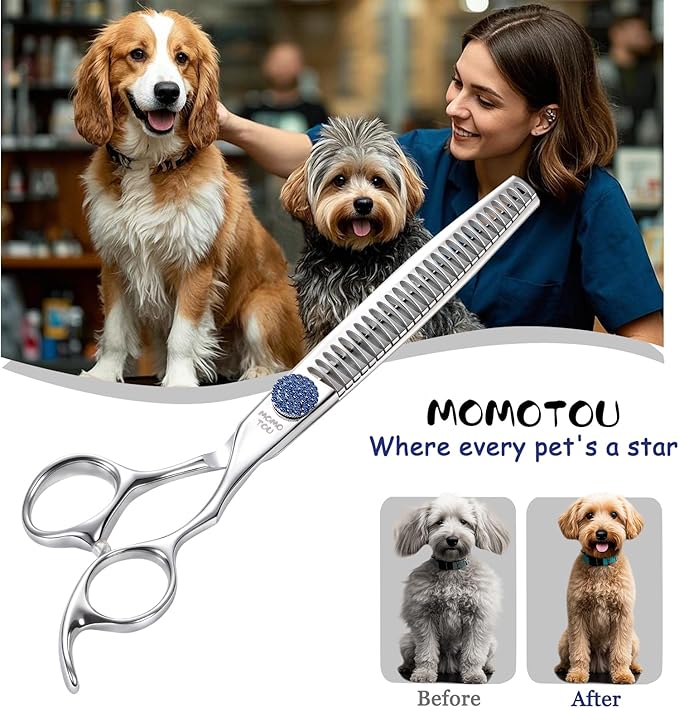 7'' Dog Grooming Scissors CNC 440C Blades Sharp and Durable Polished Chunker Dog Shears with Blue Diamond Adustable Screws Easy to Use for Groomer and Home User
