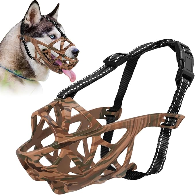 Dog Muzzle for Large Dogs, Breathable Basket Muzzles for Small, Medium and X-Large Aggressive Dog, Allows Panting Drinking, Suitable for Grooming Trimming Training (Camouflage Brown, L)