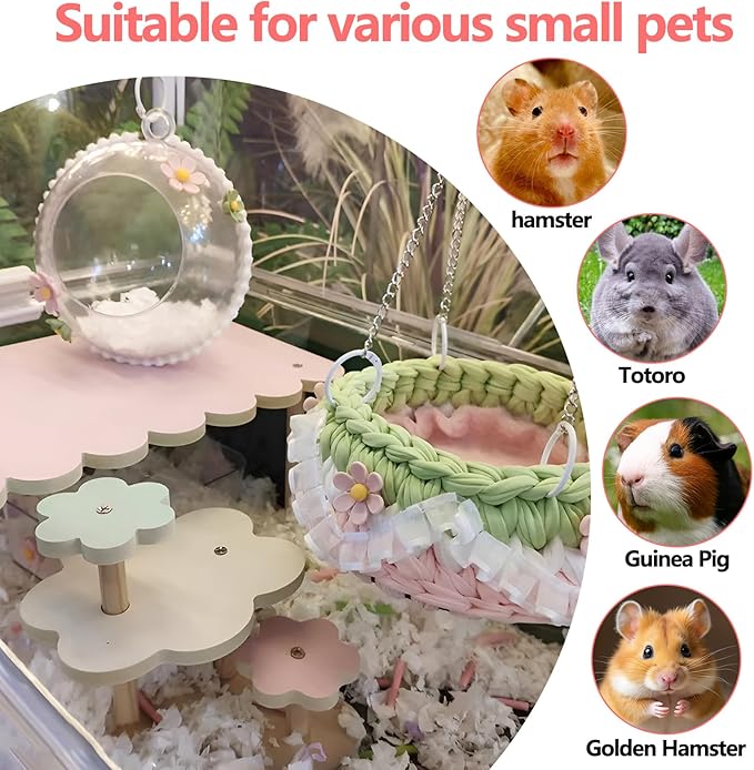 4-Pack Wooden Rat Cage Accessories - Platforms, Ladders & Hammocks Set for Chinchillas, Hamsters, Gerbils (for Iron/Wooden, Acrylic Hamster Cages + Customizable Layout) (11x6.7x5.5)