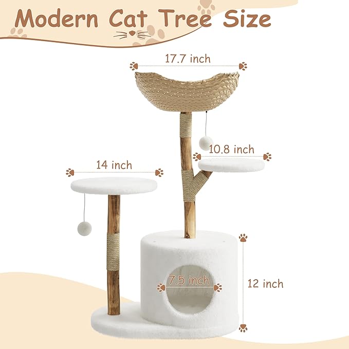 Modern Wood Cat Tree Tower for Large Cats | Luxury Solid Pear Wood Condo with Platforms, Scratching Posts & All-Season Mats, 43" Aesthetic Cat Furniture, 2 Branch