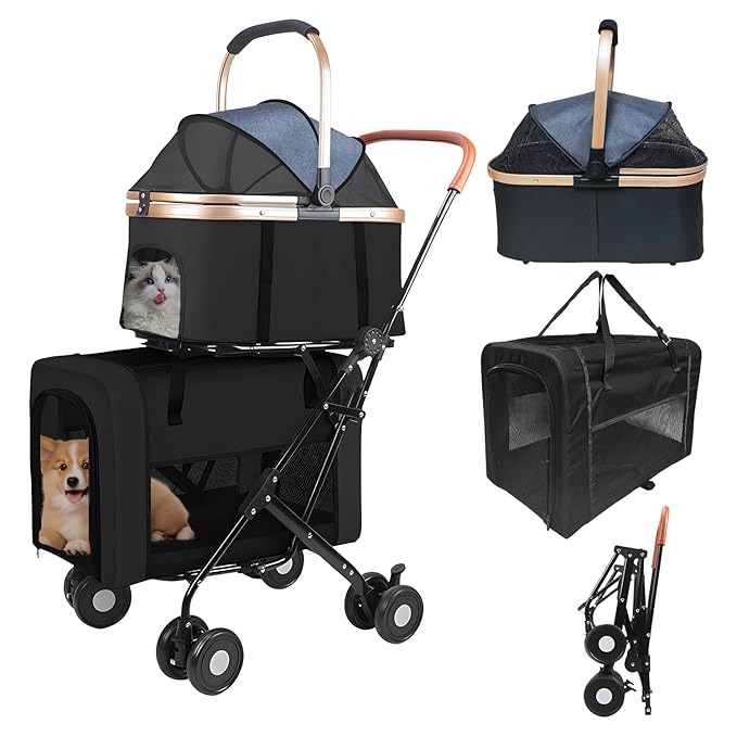 Double Pet Stroller for 2 Dogs or Cats, Folding Dog Stroller with 2 Detachable Carrier Bags, Safety Belt, 4 Lockable Wheels, Separate Compartments, for Multi-Pet Homes (Black)