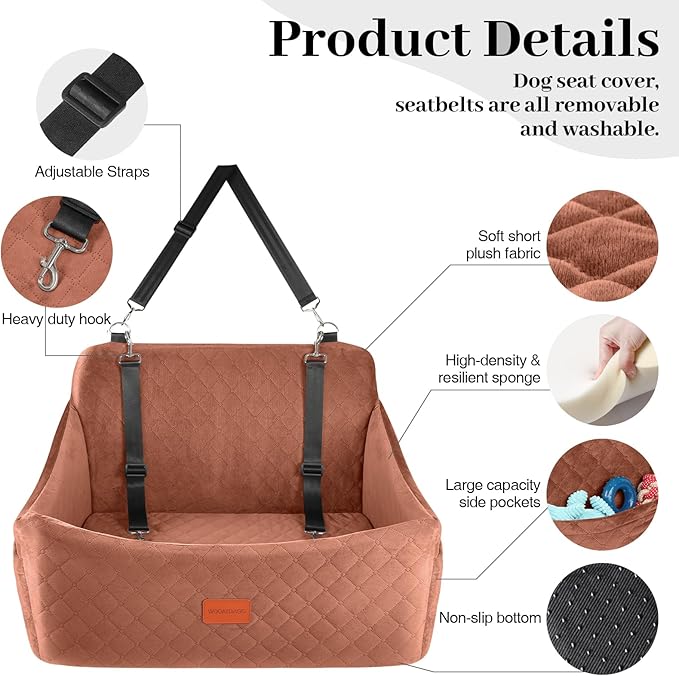 Dog Car Seat for Medium & Large Dogs Up to 55lbs, Memory Foam Cushion, Washable Cover, Safety Straps & Non-Slip Base (Brown, Large)