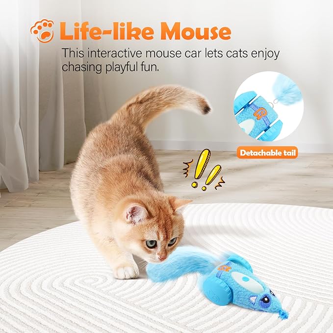 Migipaws Automatic Cat Toys, Plush Cat Mouse Toy, Interactive Toy for Indoor Cats, Smart Moving Kitten Toy, Rechargeable (Blue)