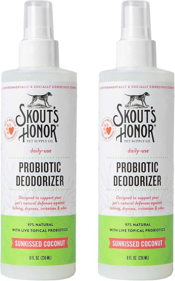 SKOUT'S HONOR Probiotic Pet Deodorizer Spray- Hydrating Daily-Use with Avocado Oil & Omega-3s, Microbiome Friendly Certiified, Paraben & Sulfate-Free, 97% Natural, 8oz, Sunkissed Coconut, 2-Pack