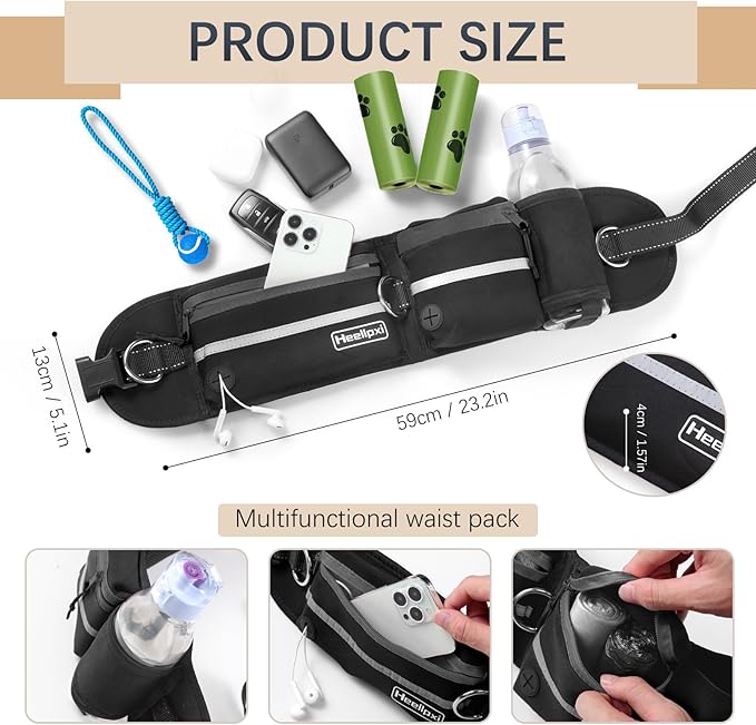 Hands-Free Dog Leash With Pouch, Waist Attachment for Walking Two Dogs, Reflective Stitching, Dual Handle, Bungee Retractable Running for Medium to Large Dogs Black