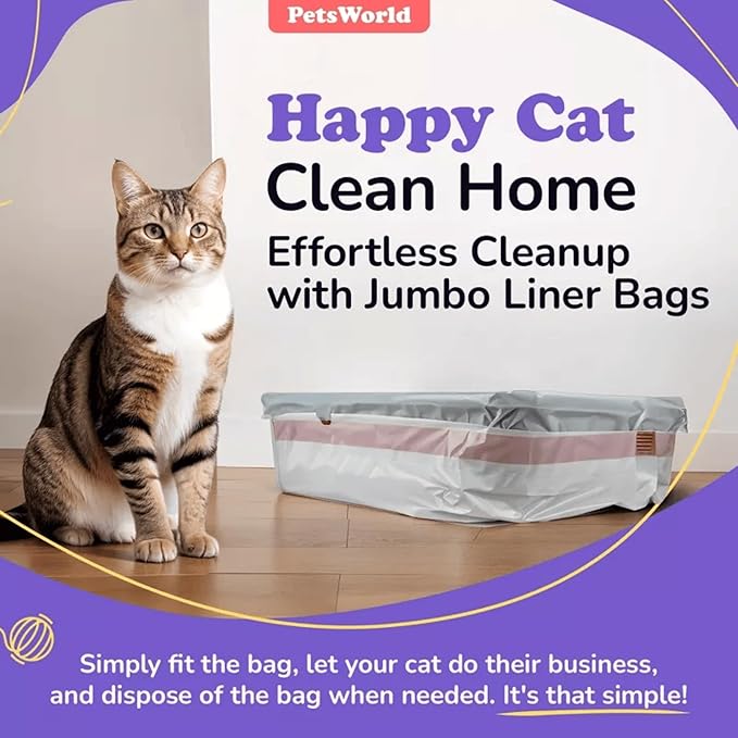 PETSWORLD Cat Litter Box Liners, Heavy Duty Litter Pan Liners Bags with Drawstring for Pet Cat Litter Tray (Unscented) (JUMBO - 45 x 18 Inches, 25 Count)