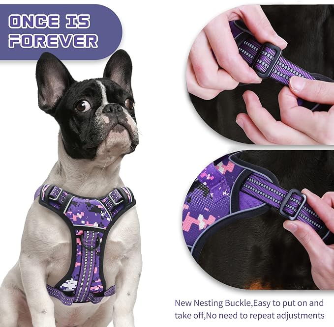 No Pull Dog Harness for Small Dogs, Adjustable No Choke Pet Vest with Dog Leash Fit Smart Reflective Pet Walking Harness for Training Easy Control Soft Handle Purple Camo S