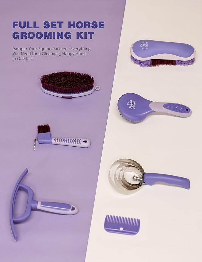 9PCS Horse Grooming Kit Curry Comb Sweat Scraper Horse Bathing Supplies Grooming Tools with Storage Bag Sugar Taro
