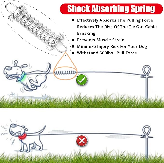 Jenico Dog Tie Out Cable, 10-150FT Runner Cable with Swivel Hook and Shock Spring, Outdoor Dog Leash Tether for Small to Medium Pets Up to 500 LBS
